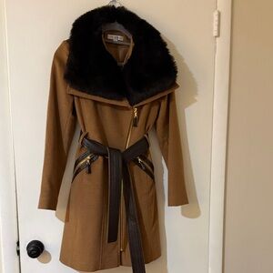 Via Spiga Brown Trench Coat with Black Faux Fur Collar